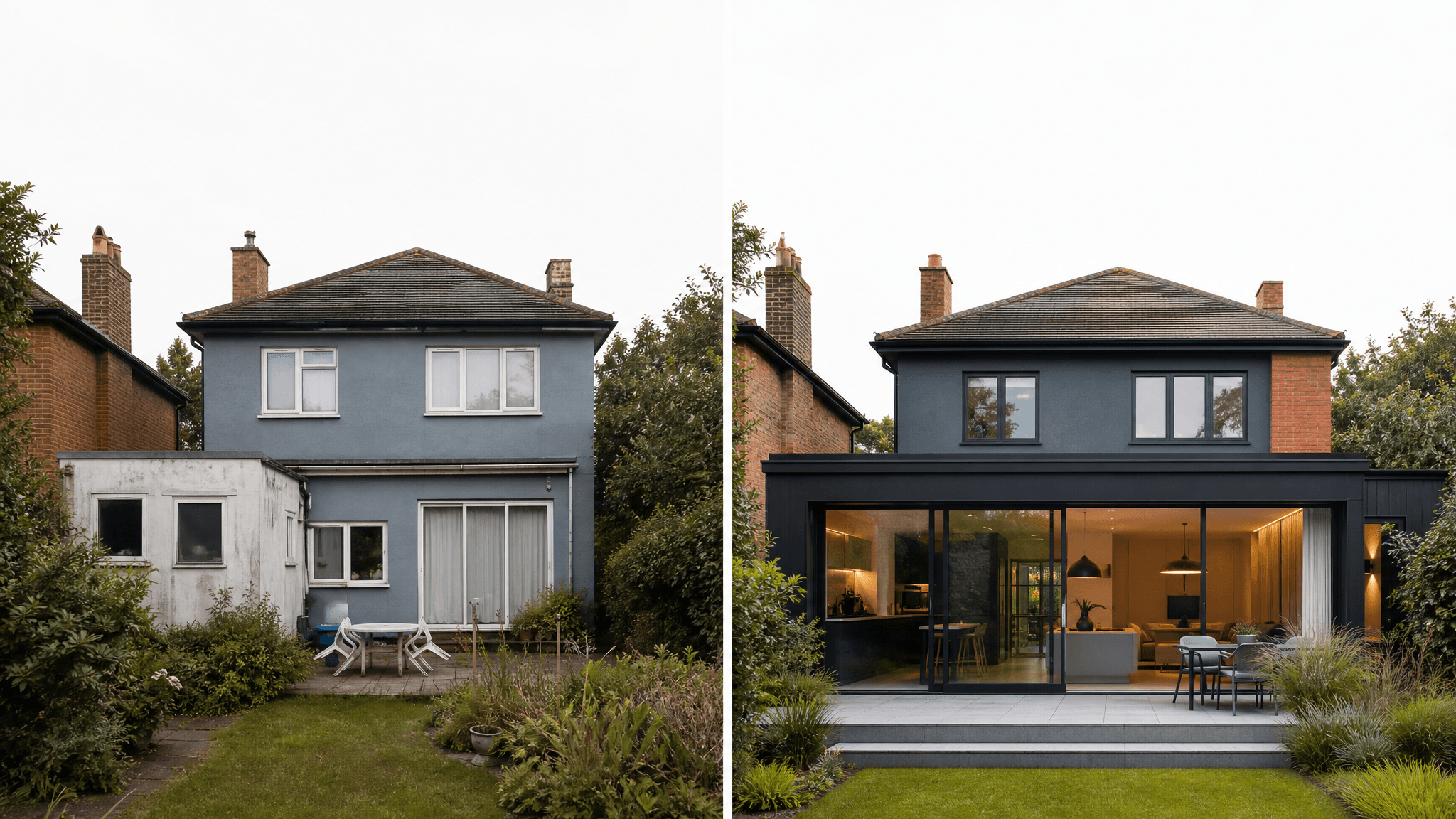 A suburban home with a glazed single-storey rear kitchen extension shown before and after