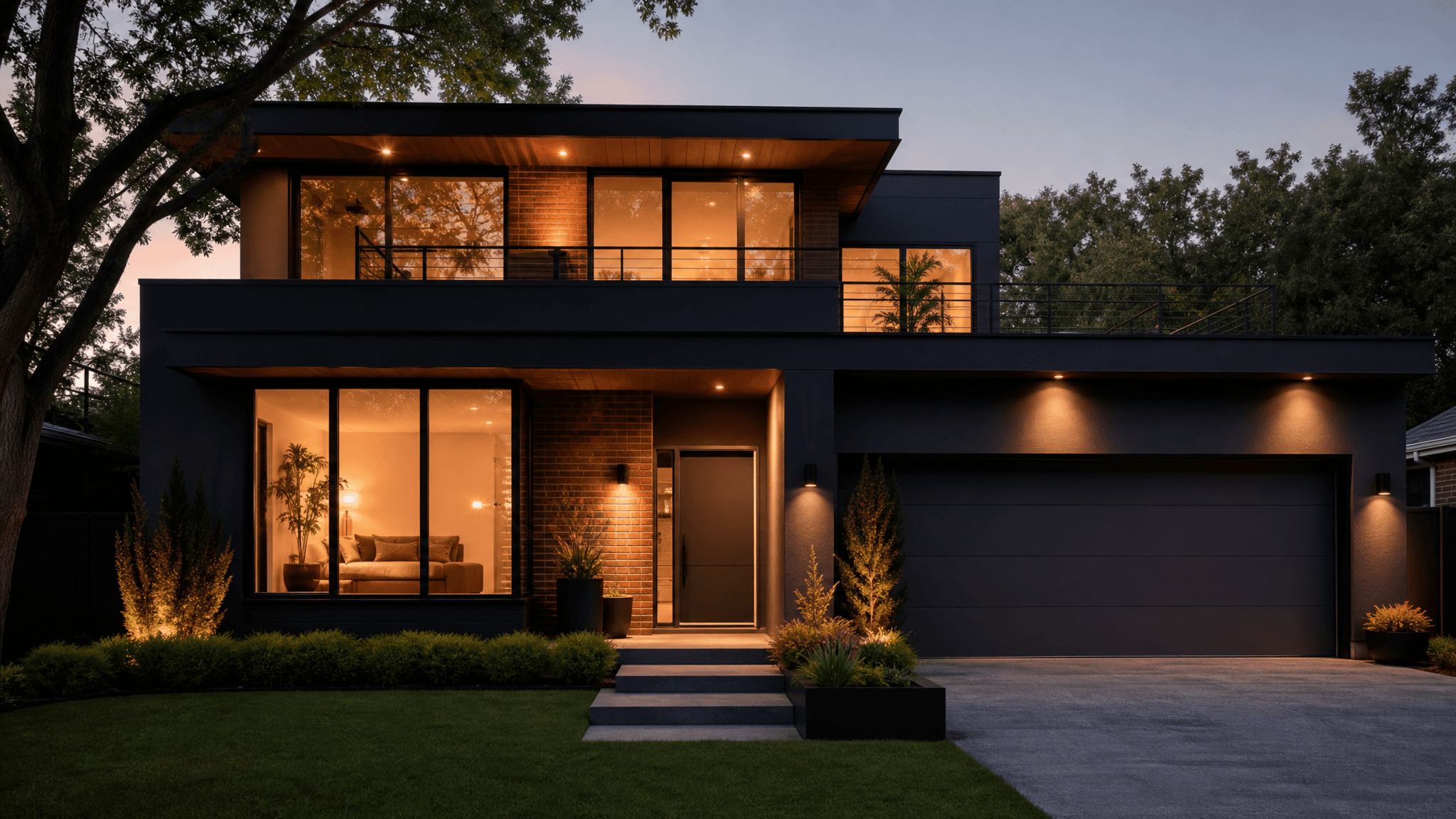 A renovated home glowing at dusk
